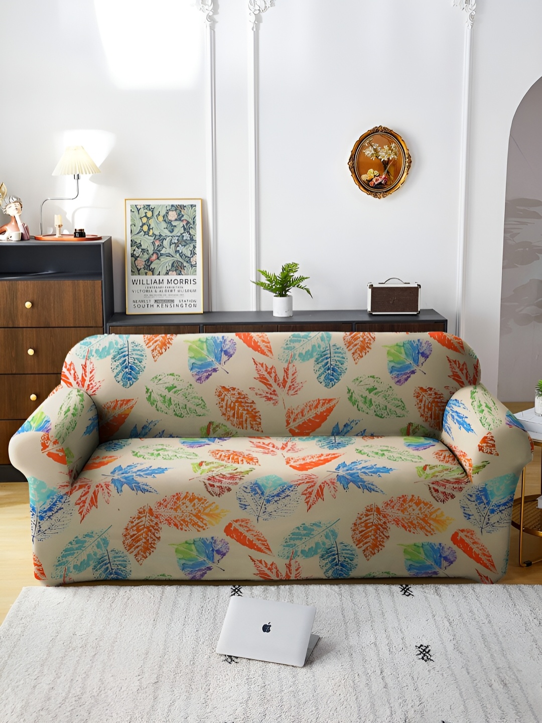 

Aura Cream Coloured & Red Printed Stretchable Three Seater Sofa Cover With Arms