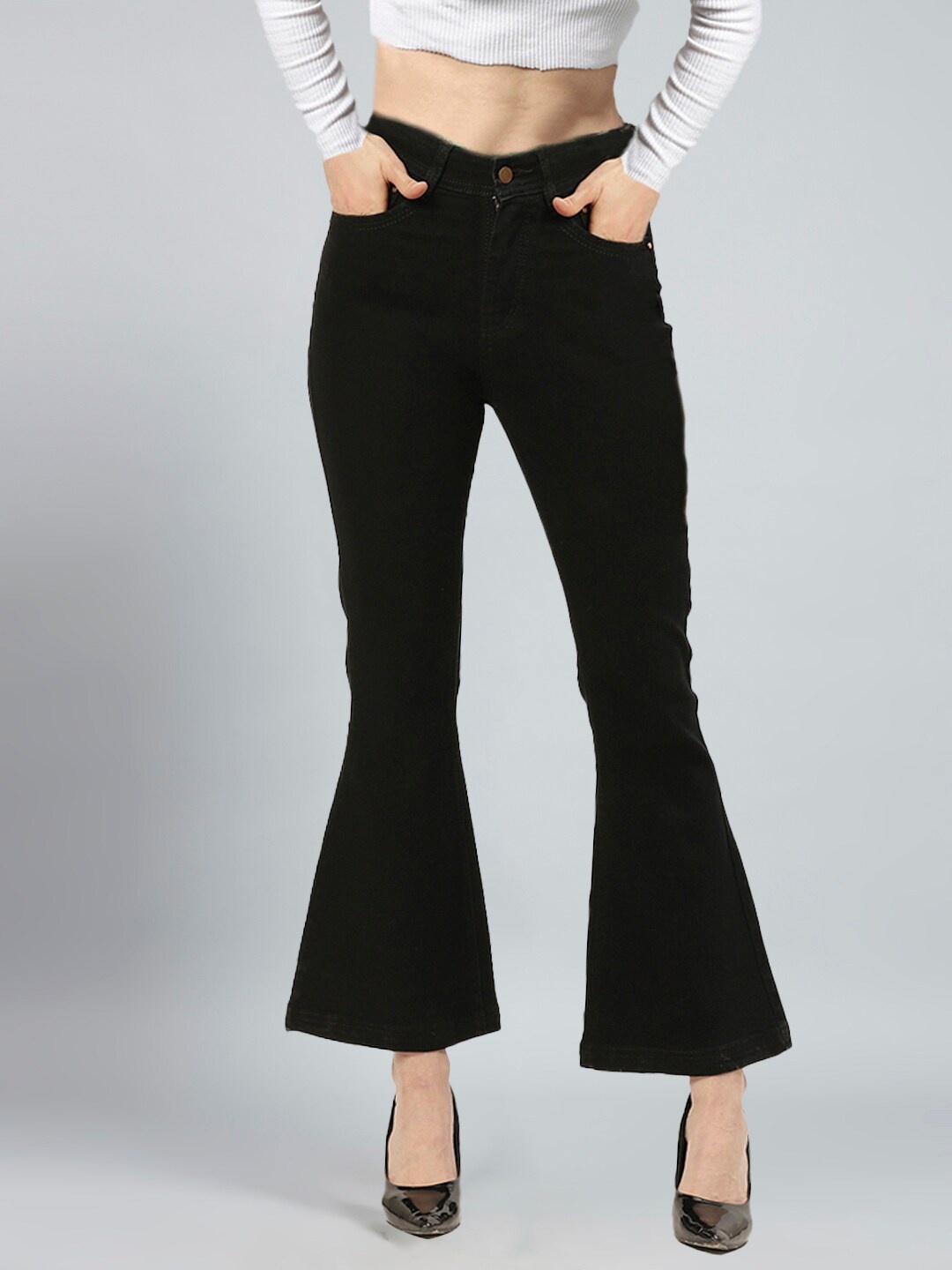

urSense Women High-Rise Cotton Bootcut Jeans, Black