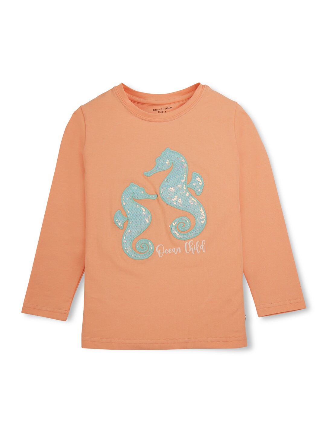 

Gini and Jony Girls Graphic Printed Embellished Cotton TShirt, Orange