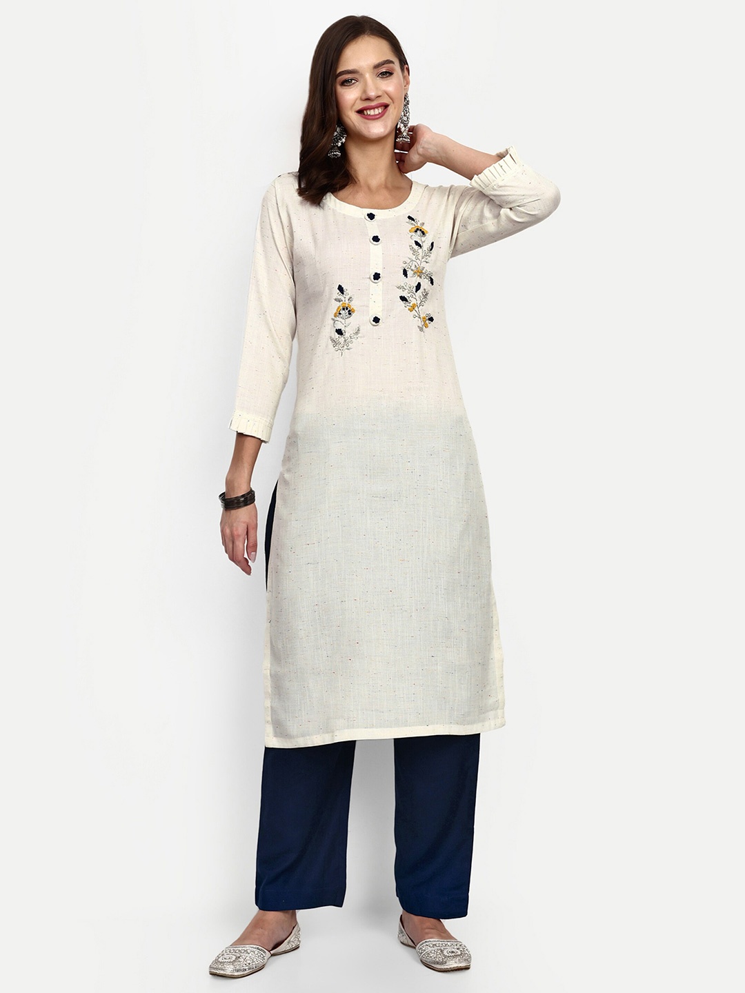 V B SONS Floral Embroidered Straight Kurta With Trouser, White