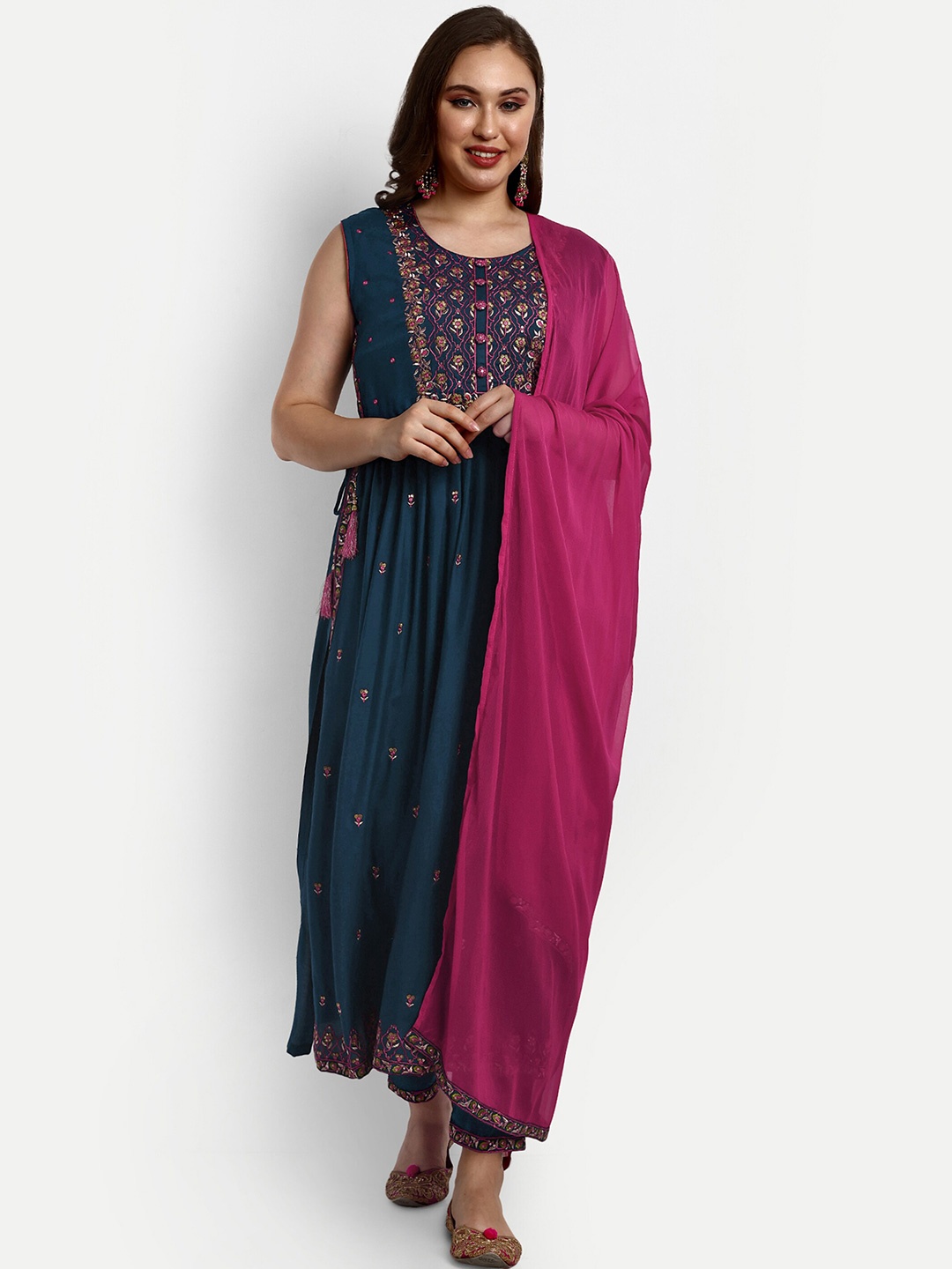 

V B SONS Floral Embroidered Regular Sequinned Kurta with Trousers & Dupatta, Navy blue