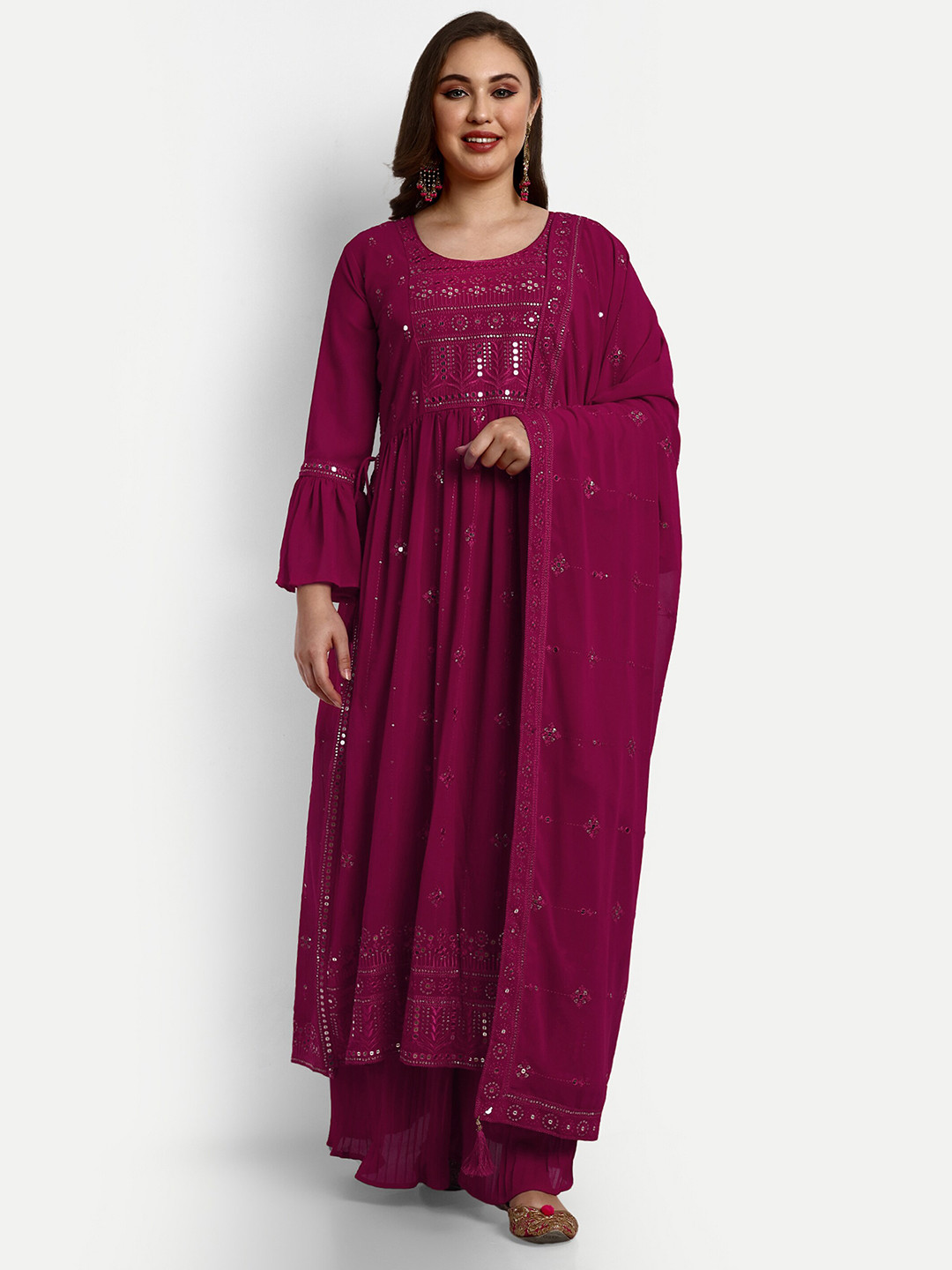 

V B SONS Floral Embroidered Georgette Regular Sequinned Kurta with Palazzos & Dupatta, Pink