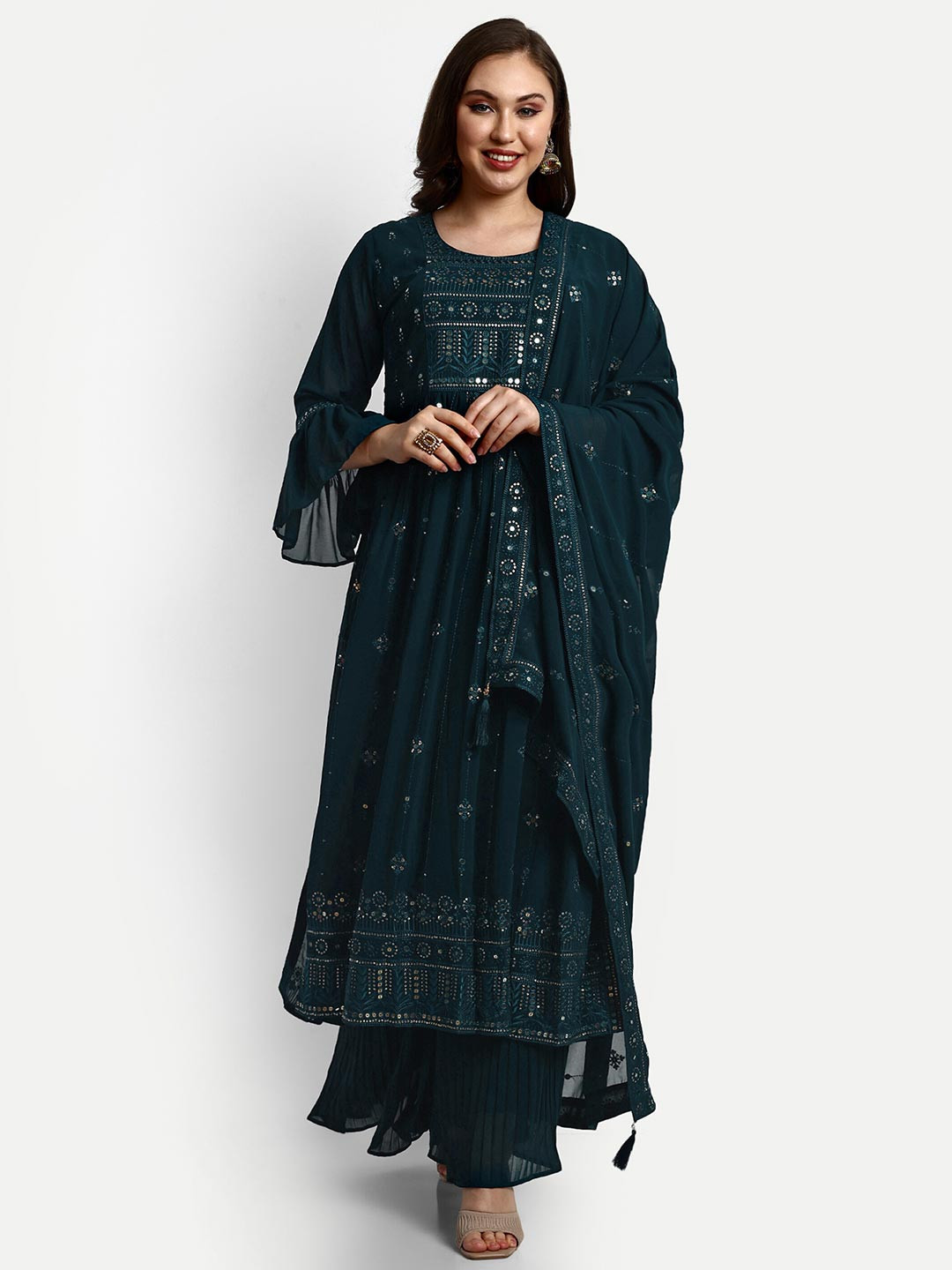 

V B SONS Embroidered Georgette Regular Sequinned Kurta with Palazzos & Dupatta, Blue