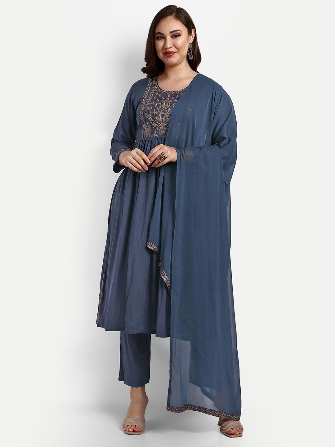 

V B SONS Ethnic Motifs Yoke Design Empire Thread Work Kurta with Trousers & With Dupatta, Blue