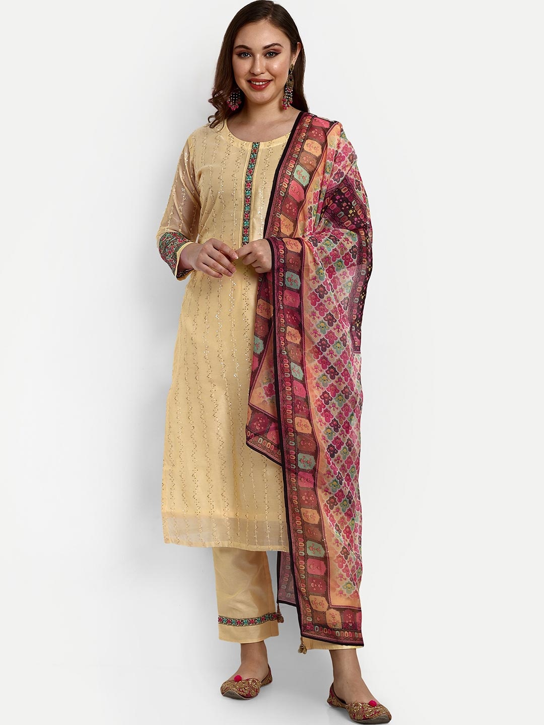 

V B SONS Embroidered Regular Sequinned Chanderi Silk Kurta with Trousers & With Dupatta, Yellow