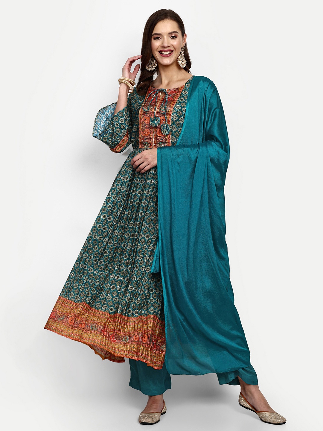 

V B SONS Printed Regular Kurta with Trousers & With Dupatta, Green