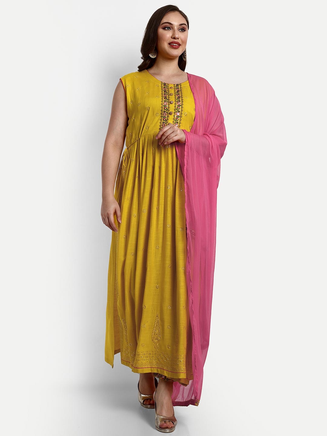 

V B SONS Floral Embroidered Regular Sequinned Kurta with Trousers & With Dupatta, Mustard