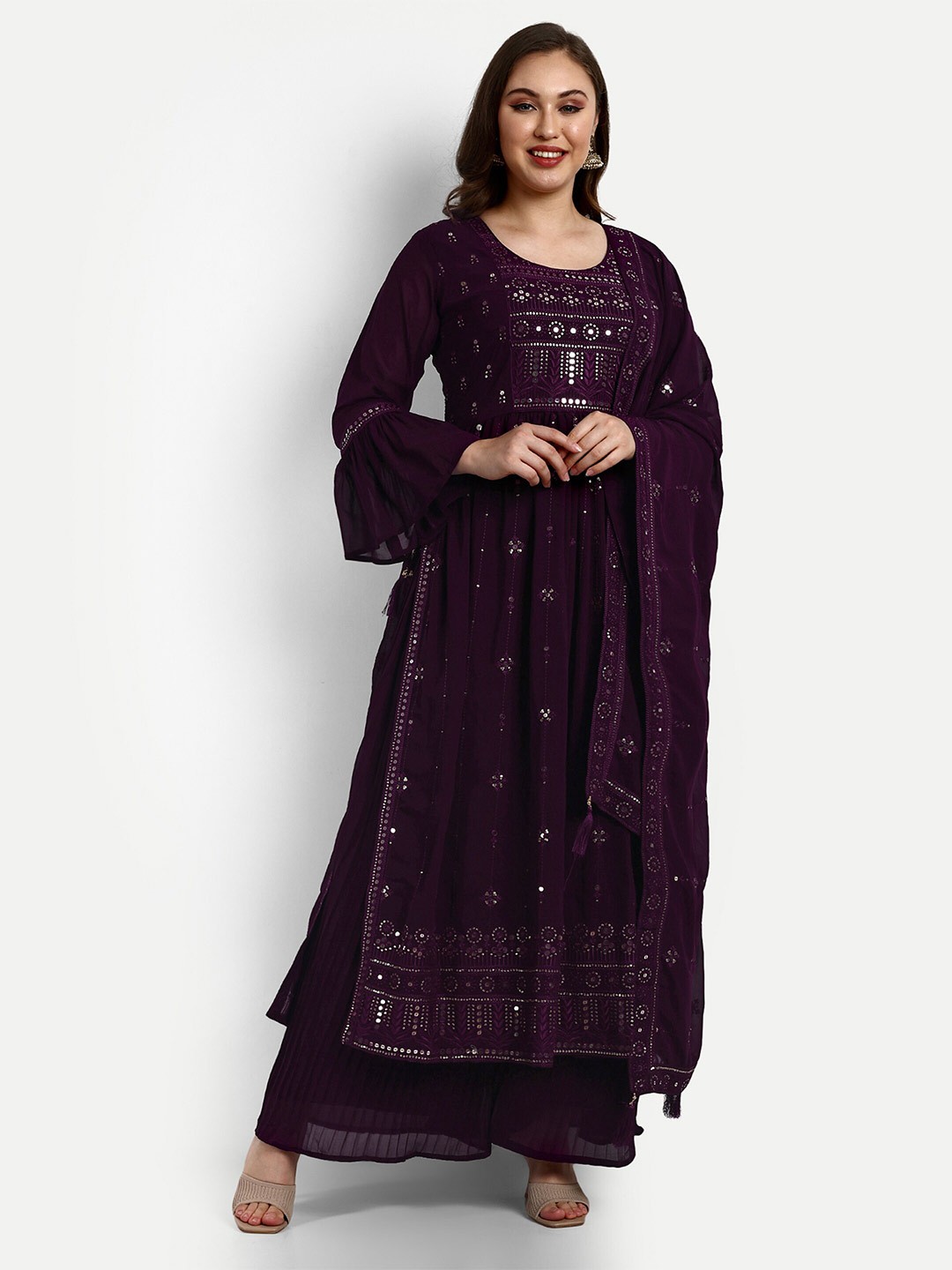 

V B SONS Floral Embroidered Regular Sequinned Kurta with Palazzos & With Dupatta, Maroon