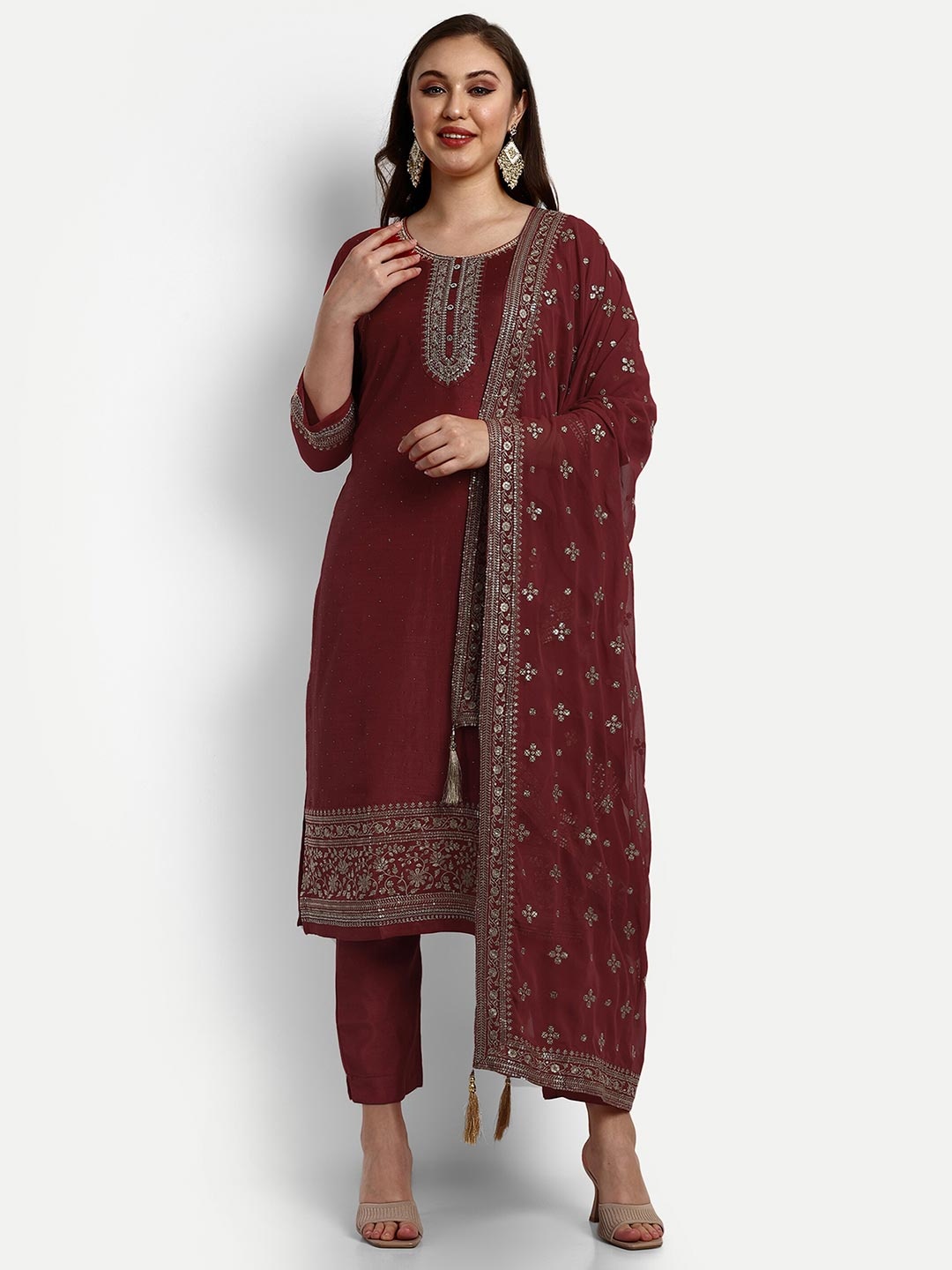 

V B SONS Ethnic Motifs Embroidered Beads and Stones Kurta with Trousers & With Dupatta, Maroon