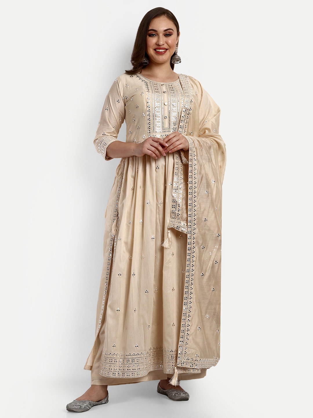 

V B SONS Embroidered Mirror Work Chanderi Silk Kurta with Palazzo & Dupatta, Beige