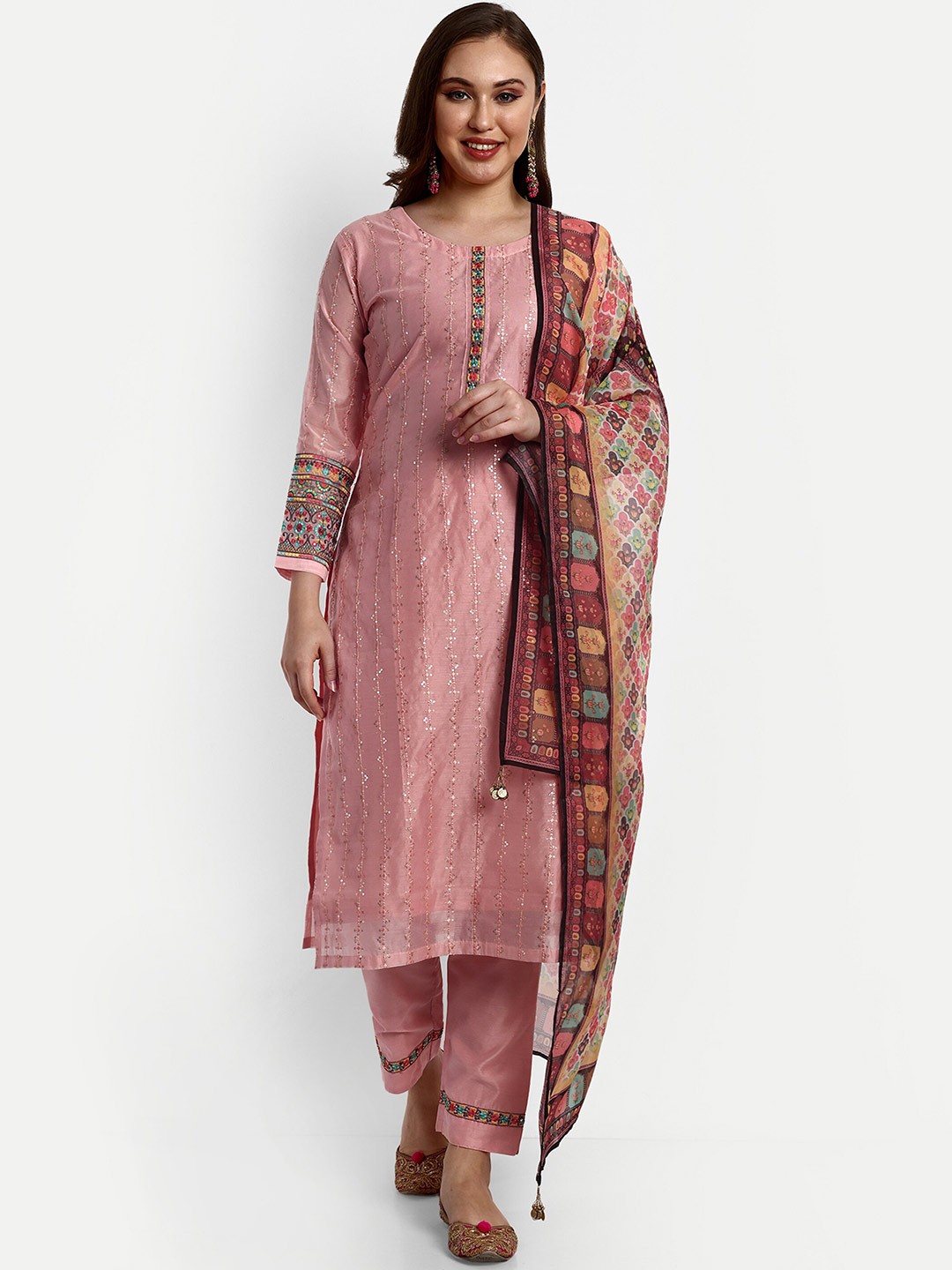 

V B SONS Embroidered Sequinned Chanderi Silk Straight Kurta with Trouser & Dupatta, Peach
