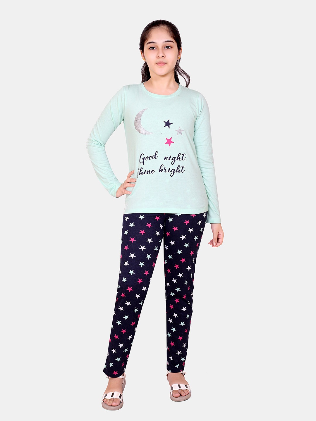 

BAESD Girls Typography Printed Pure Cotton Night Suit, Blue