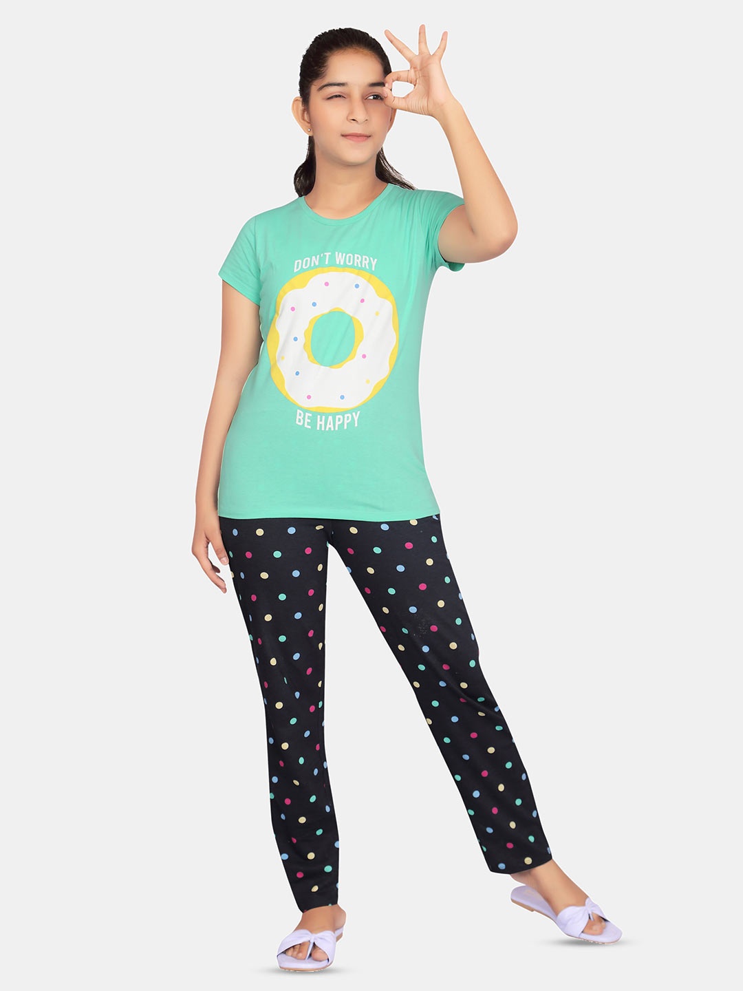 

BAESD Girls Graphic Printed Pure Cotton Night Suit, Teal