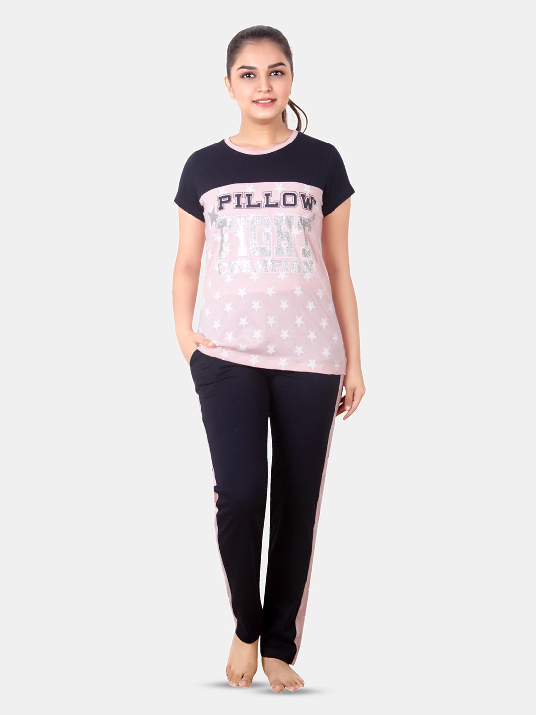 

BAESD Girls Typography Printed Pure Cotton T-shirt With Pyjamas, Pink