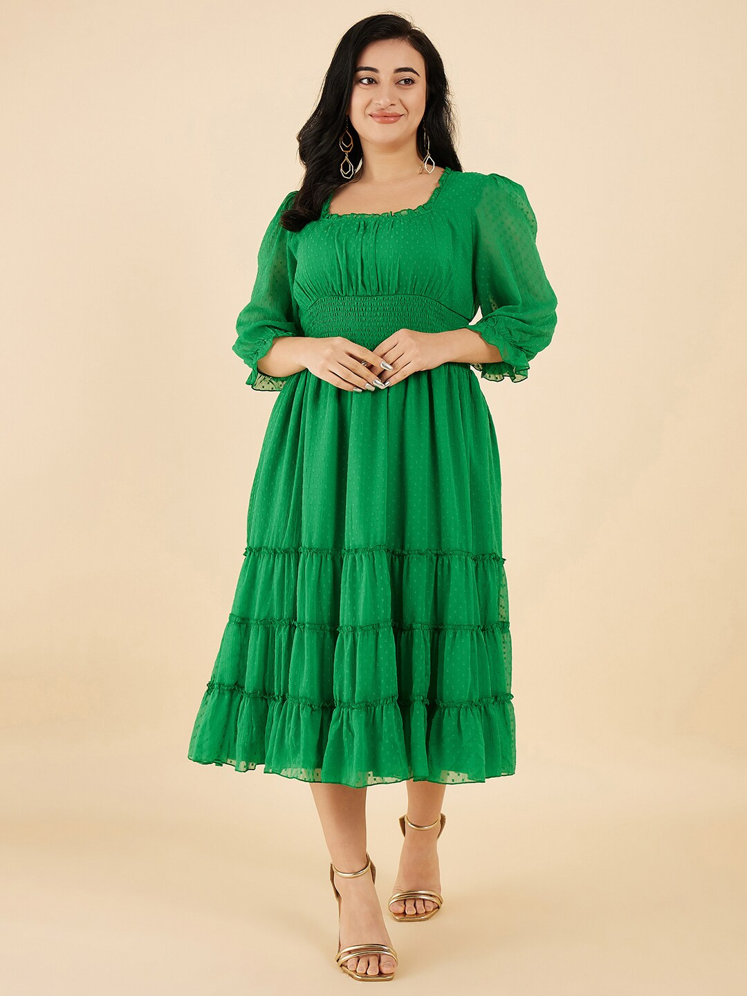 

Antheaa Curve Round Neck Puff Sleeve Empire Midi Dress, Green