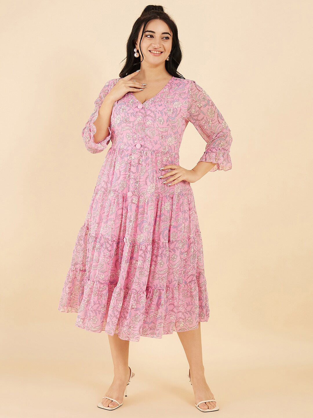 

Antheaa Curve Plus Size Floral Print V-Neck Tiered Casual Fit & Flare Midi Dress, Pink