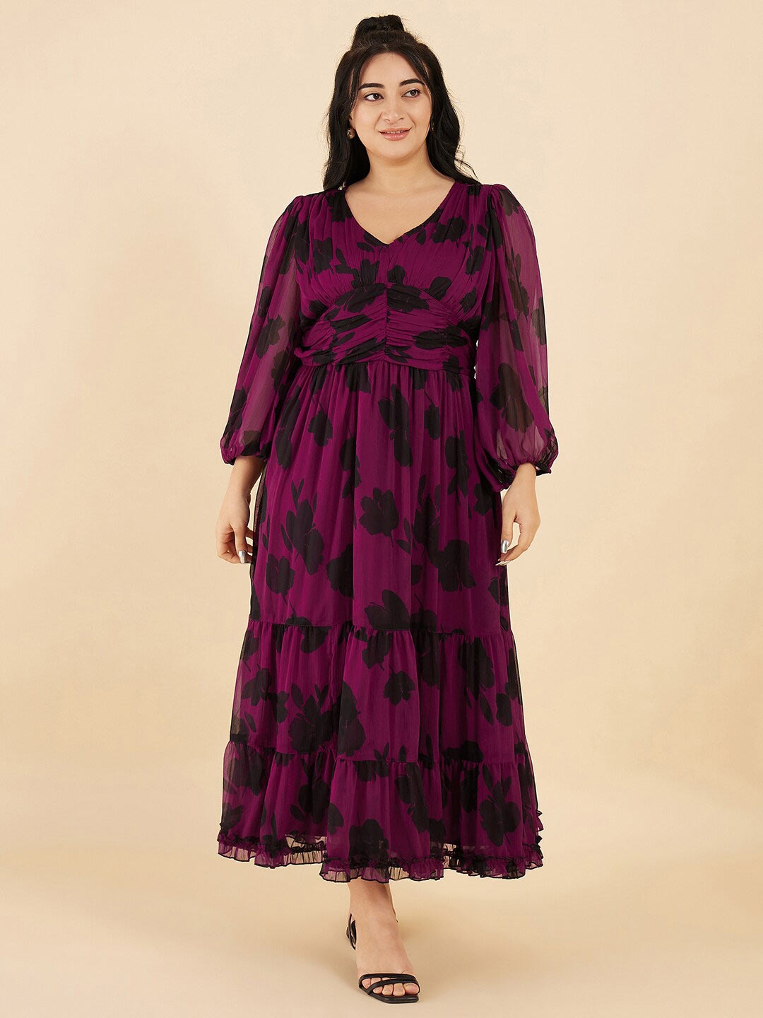 

Antheaa Curve Plus Size Floral Puff Sleeve V-Neck Tiered Casual Fit & Flare Midi Dress, Purple