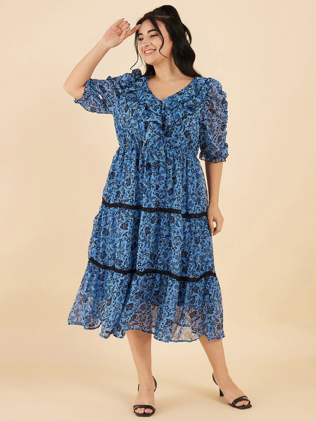 

Antheaa Curve Plus Size Floral Puff Sleeve V-Neck Tiered Casual Fit & Flare Midi Dress, Blue