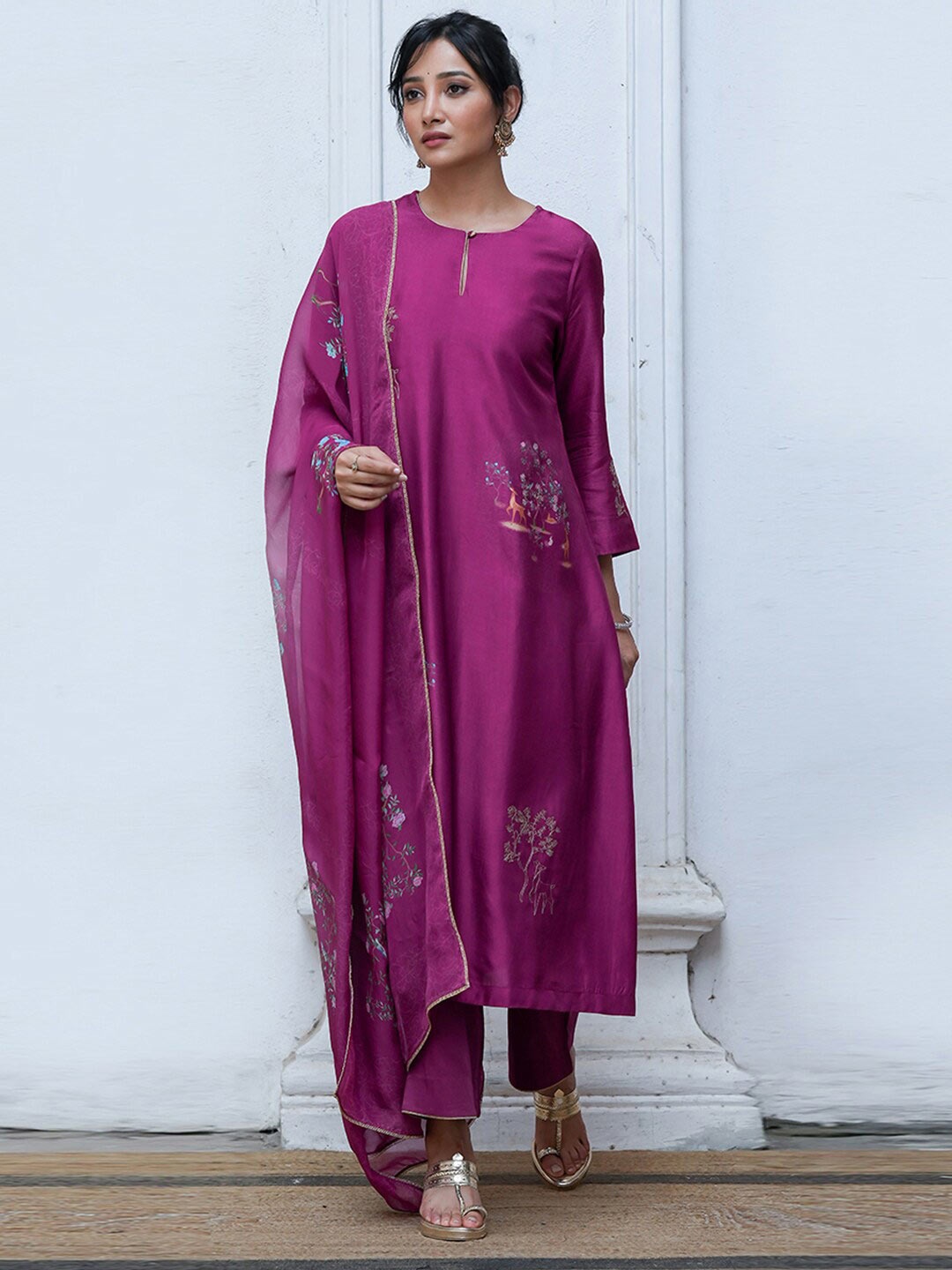 

Ganga Women Round Neck Long Sleeves Floral Printed Straight Kurta with Palazzos & Dupatta, Purple