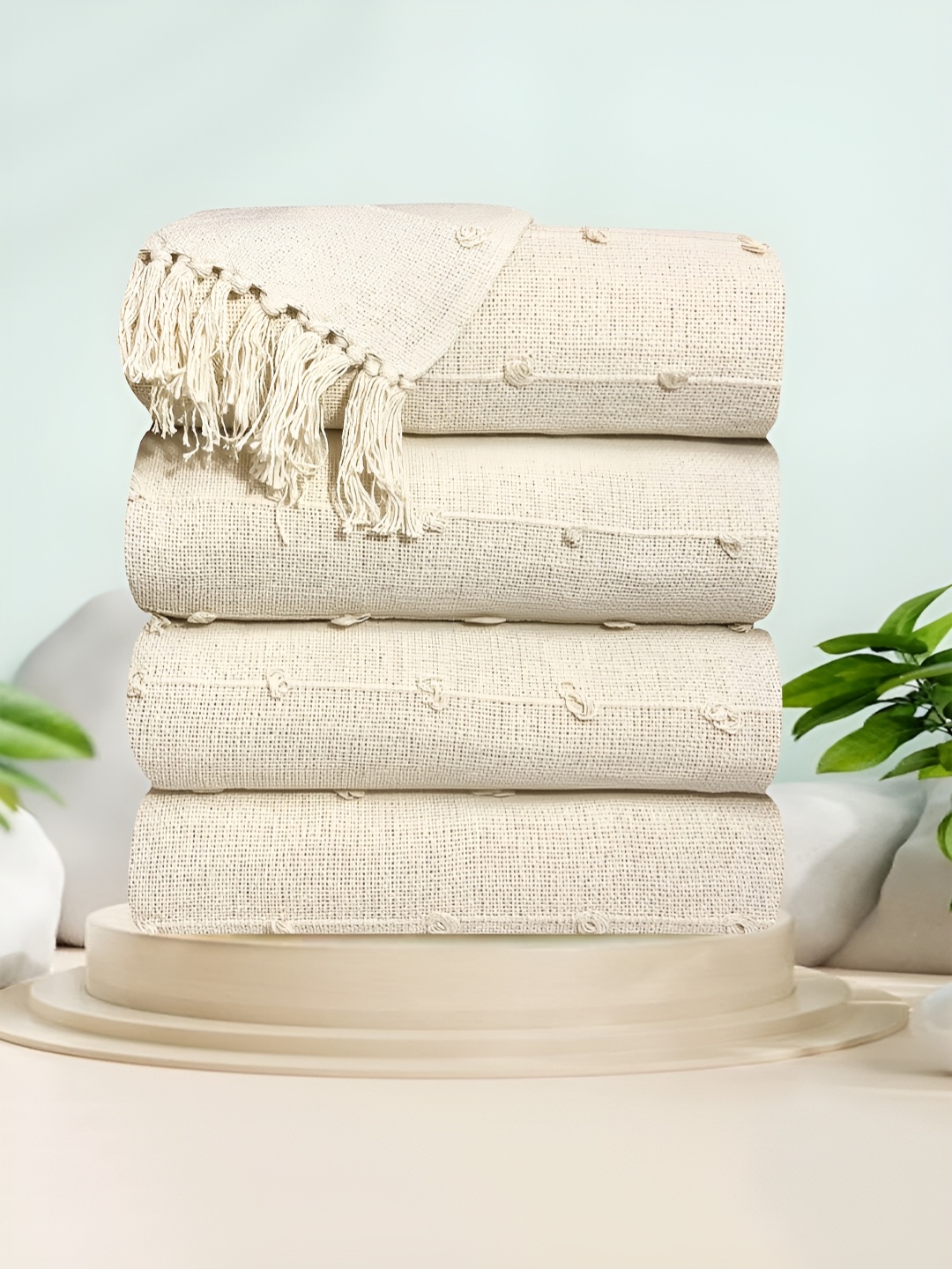 

SAJAVAT Pack Of 4 Beige Woven-Design Cotton Throws