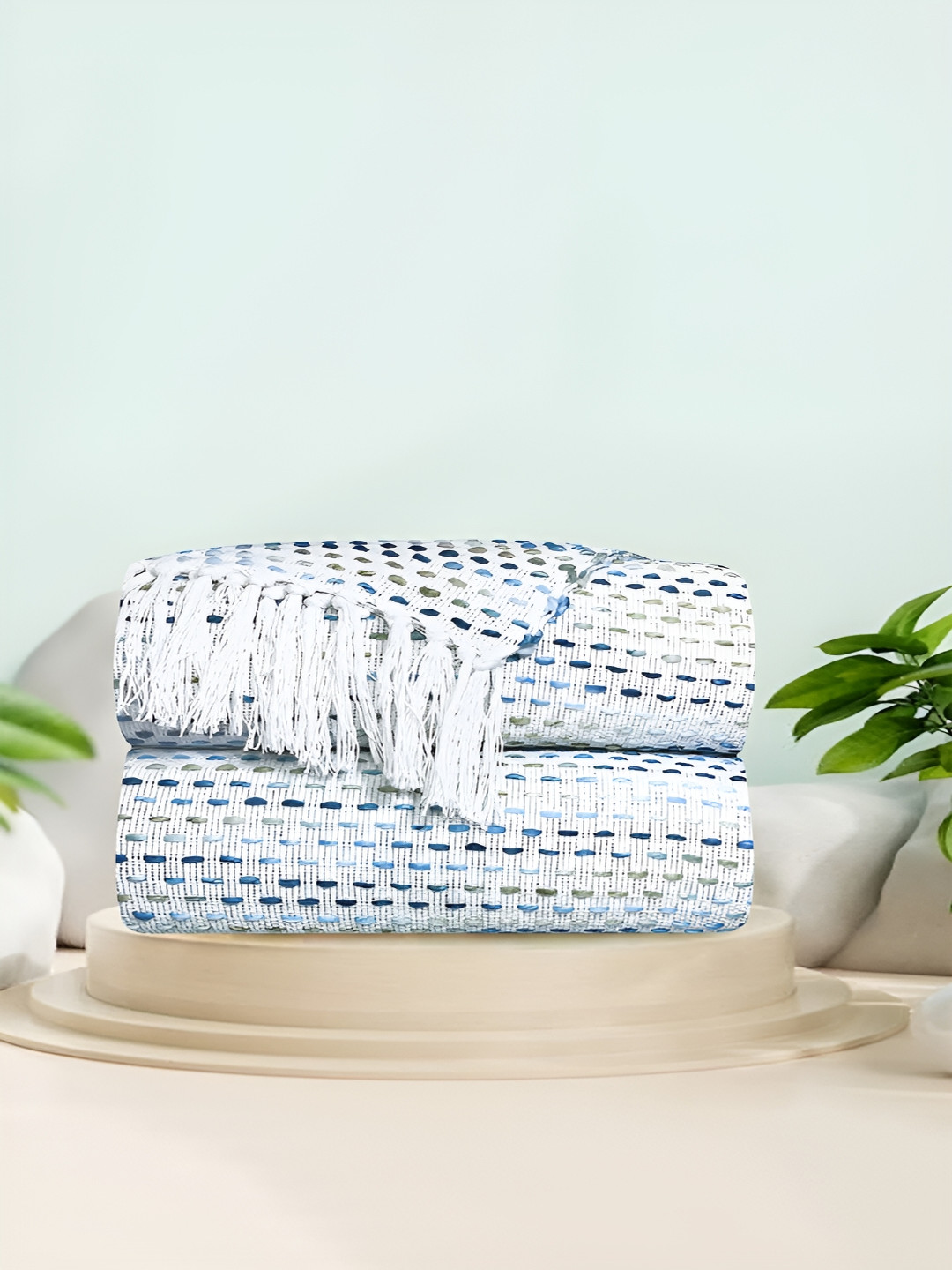 

SAJAVAT Set Of 2 Turquoise Blue Woven-Design Cotton Throws