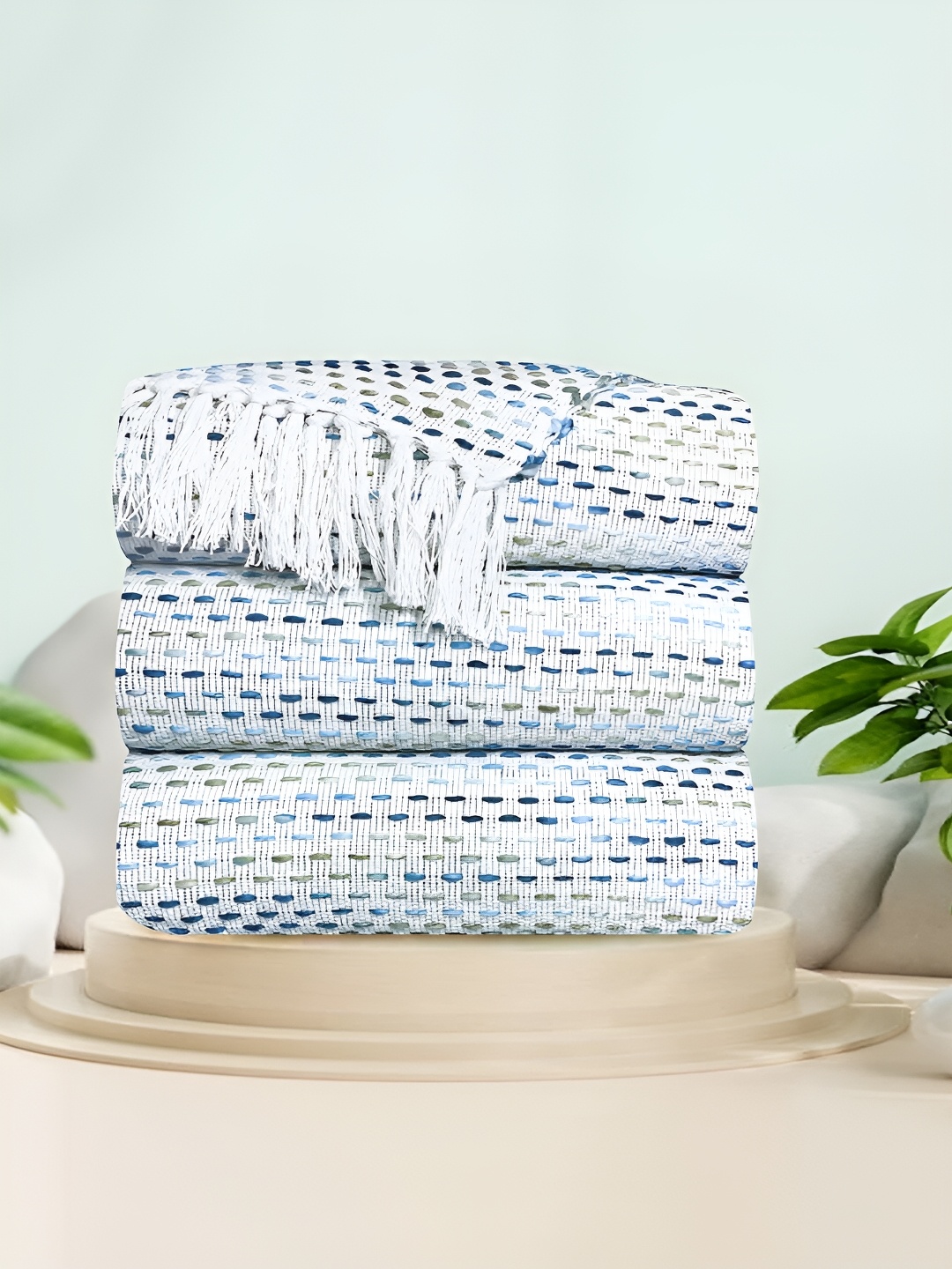 

SAJAVAT Set Of 3 Turquoise Blue Woven-Design Cotton Throws