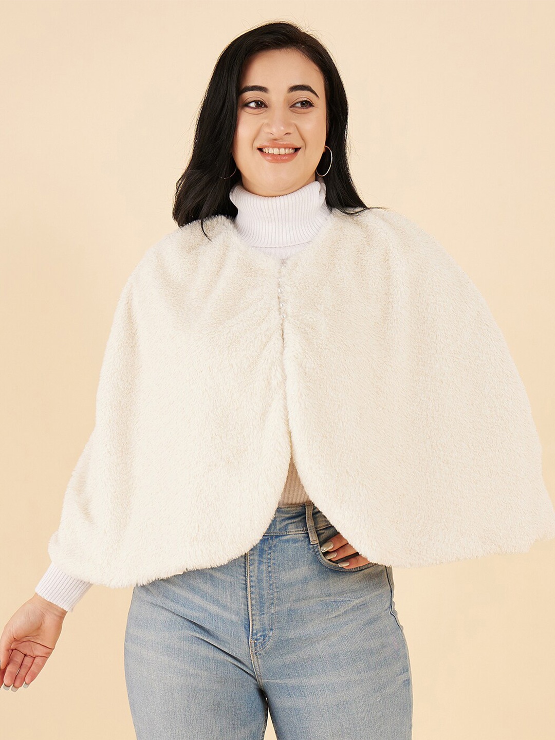 

Antheaa Curve Plus Size Self Design Lightweight Faux Fur Cape Jacket, White