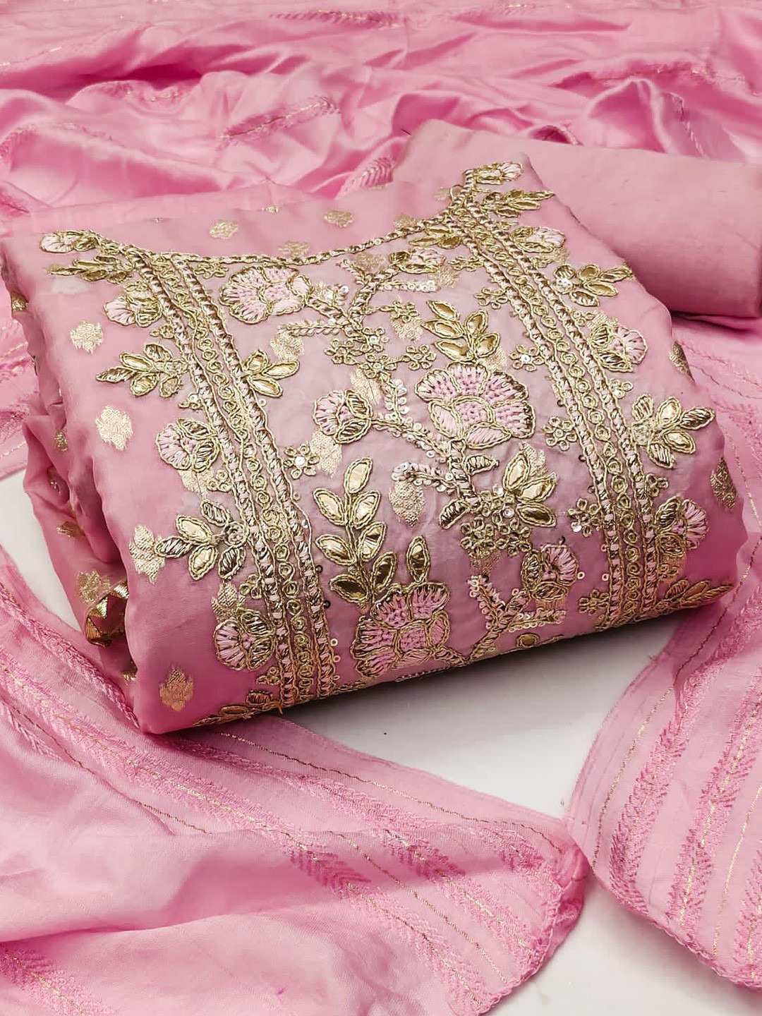 

ZEEPKART Floral Embroidered Zardozi Organza Unstitched Dress Material, Pink