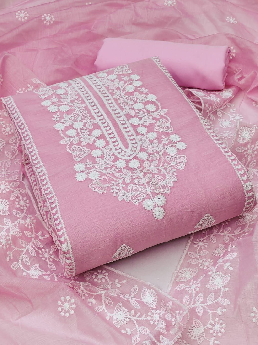 

ZEEPKART Floral Embroidered Unstitched Dress Material, Pink