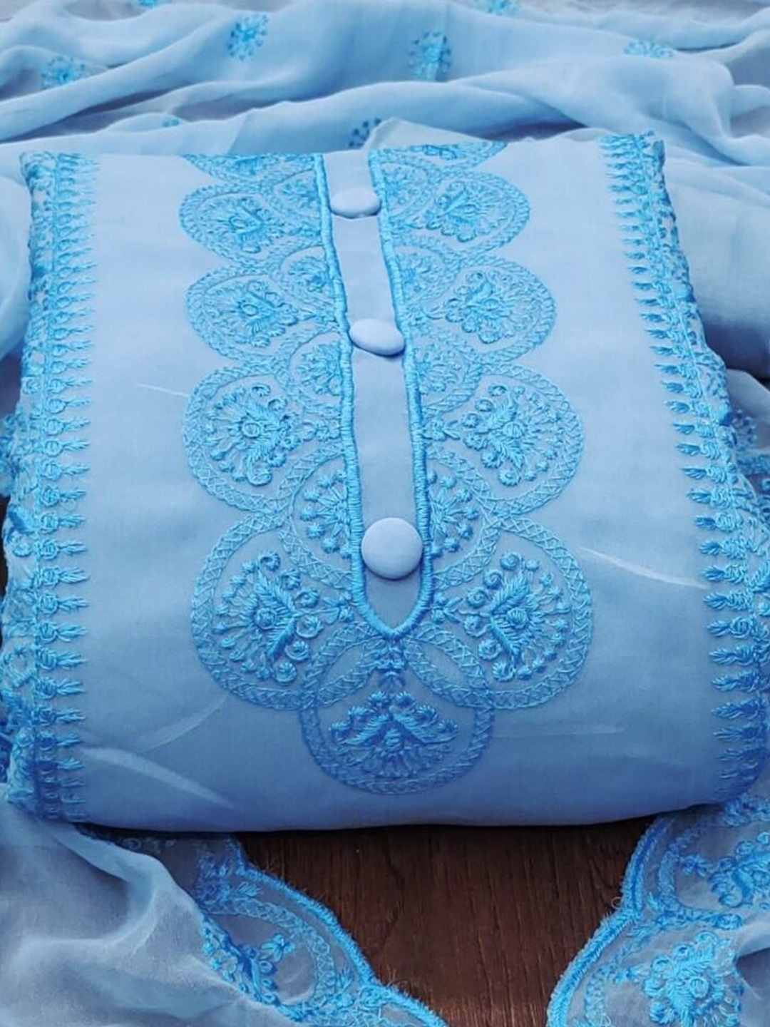 

ZEEPKART Ethnic Motifs Embroidered Unstitched Dress Material, Blue