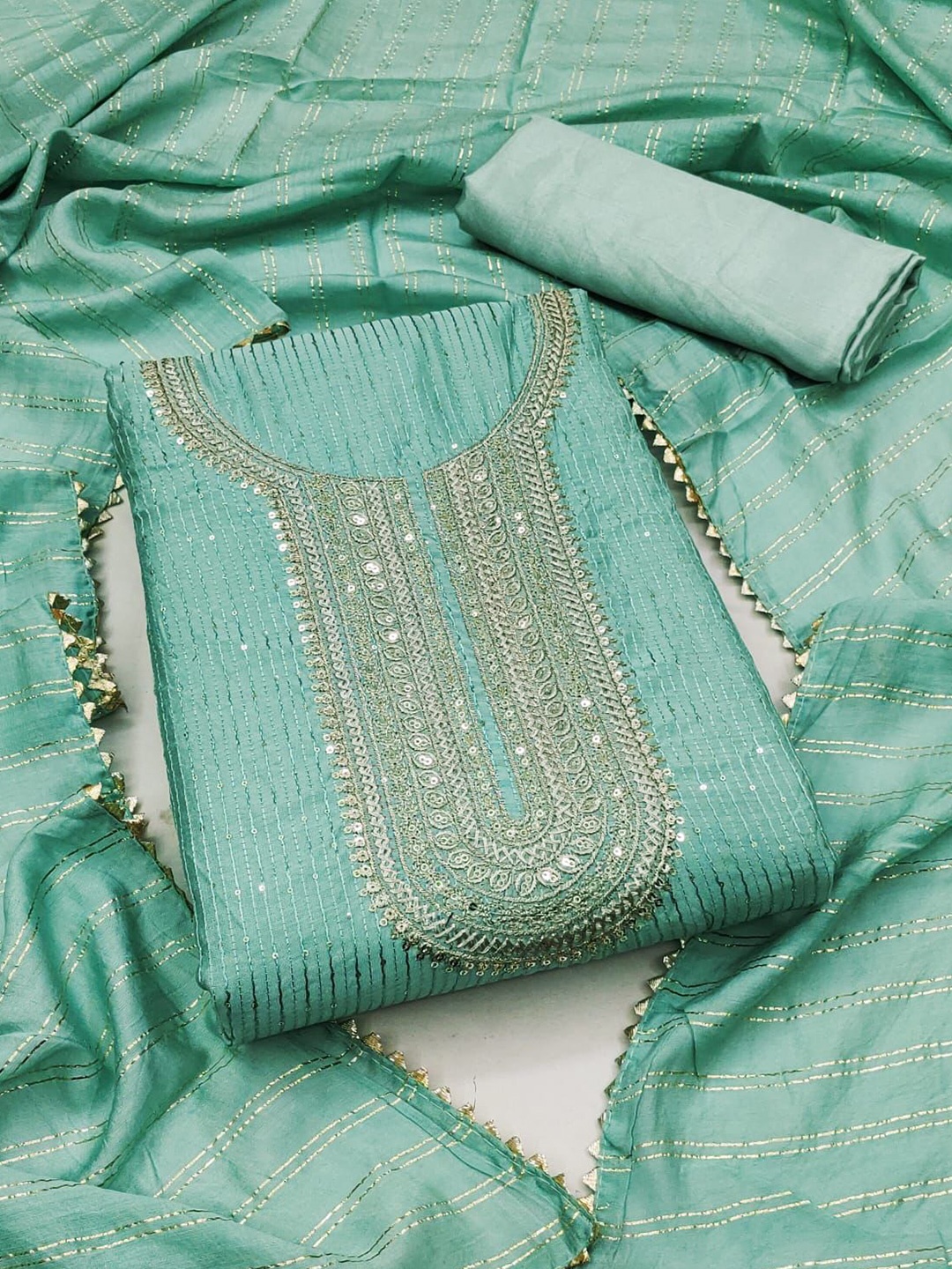 

ZEEPKART Stiped Embroidered Unstitched Dress Material, Green