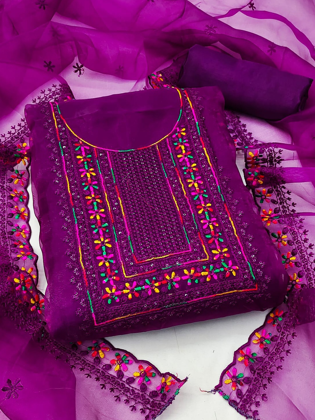 

ZEEPKART Ethnic Motifs Embroidered Unstitched Dress Material, Purple