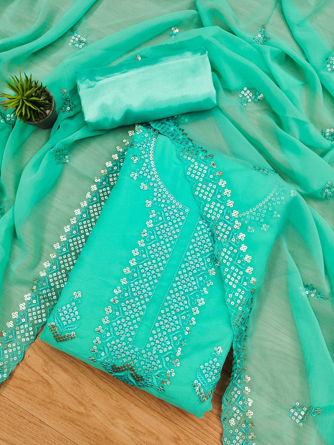 

ZEEPKART Ethnic Motifs Embroidered Unstitched Dress Material, Blue