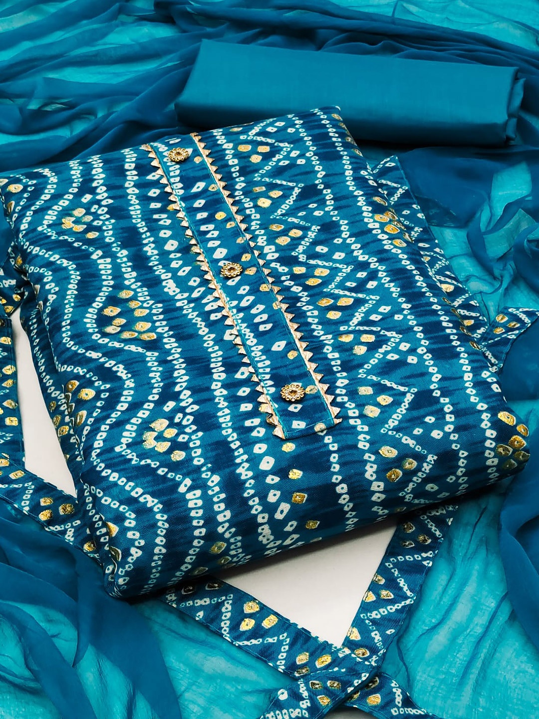 

ZEEPKART Bandhani Printed Gotta Patti Detail Unstitched Dress Material, Blue