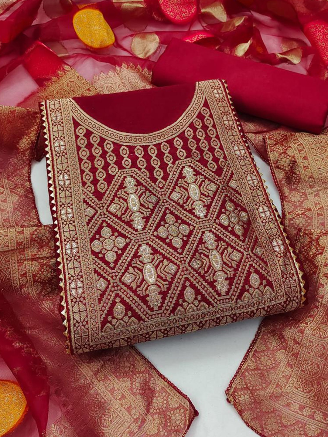 

ZEEPKART Ethnic Motifs Embroidered Unstitched Dress Material, Maroon