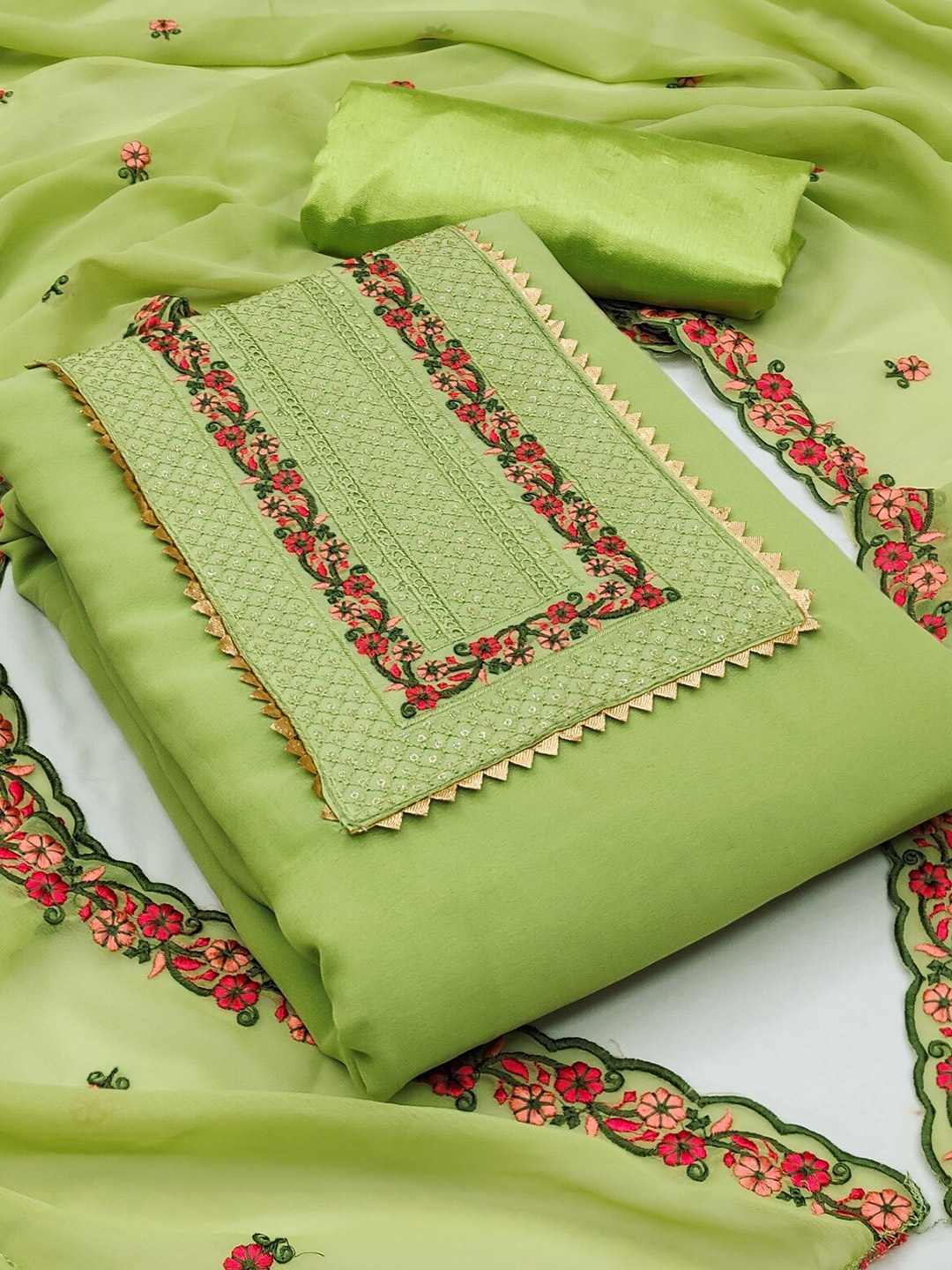 

ZEEPKART Ethnic Motifs Embroidered Unstitched Dress Material, Green