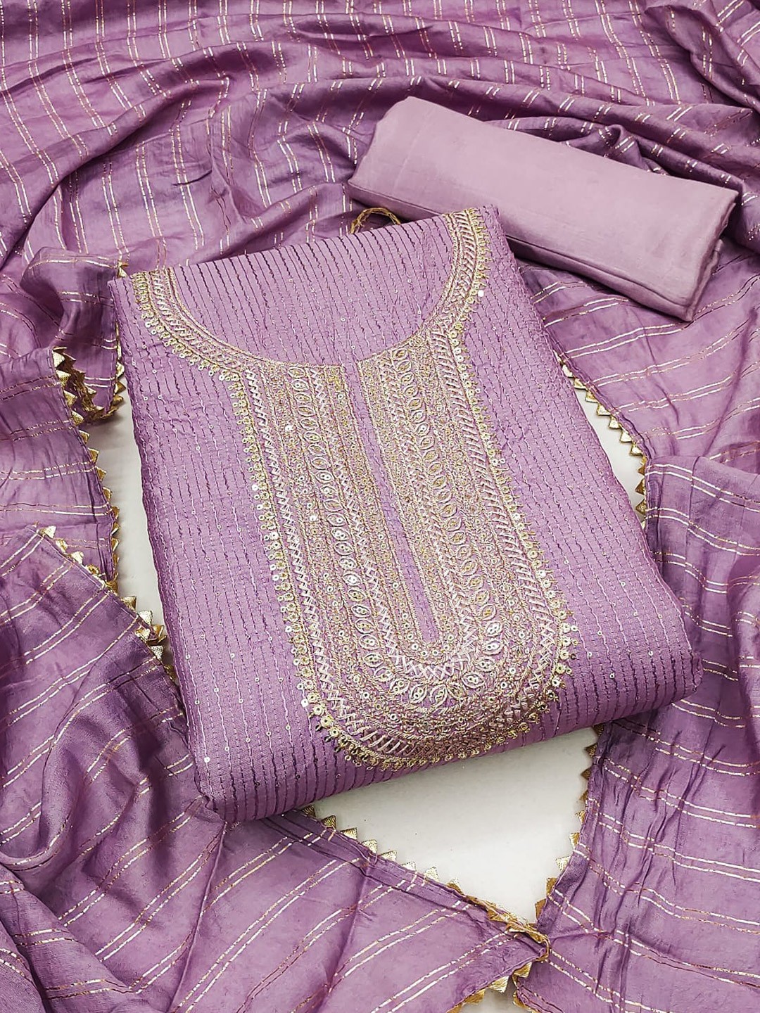 

ZEEPKART Striped Embellished Unstitched Dress Material, Magenta