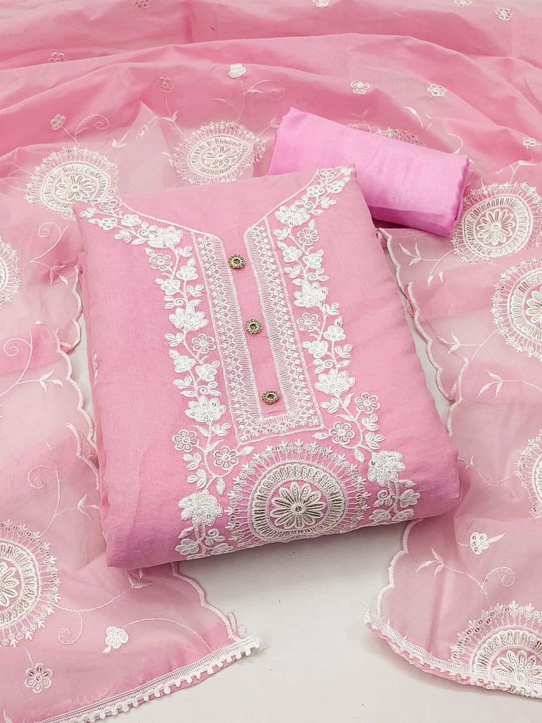 

ZEEPKART Ethnic Motifs Embroidered Unstitched Dress Material, Pink