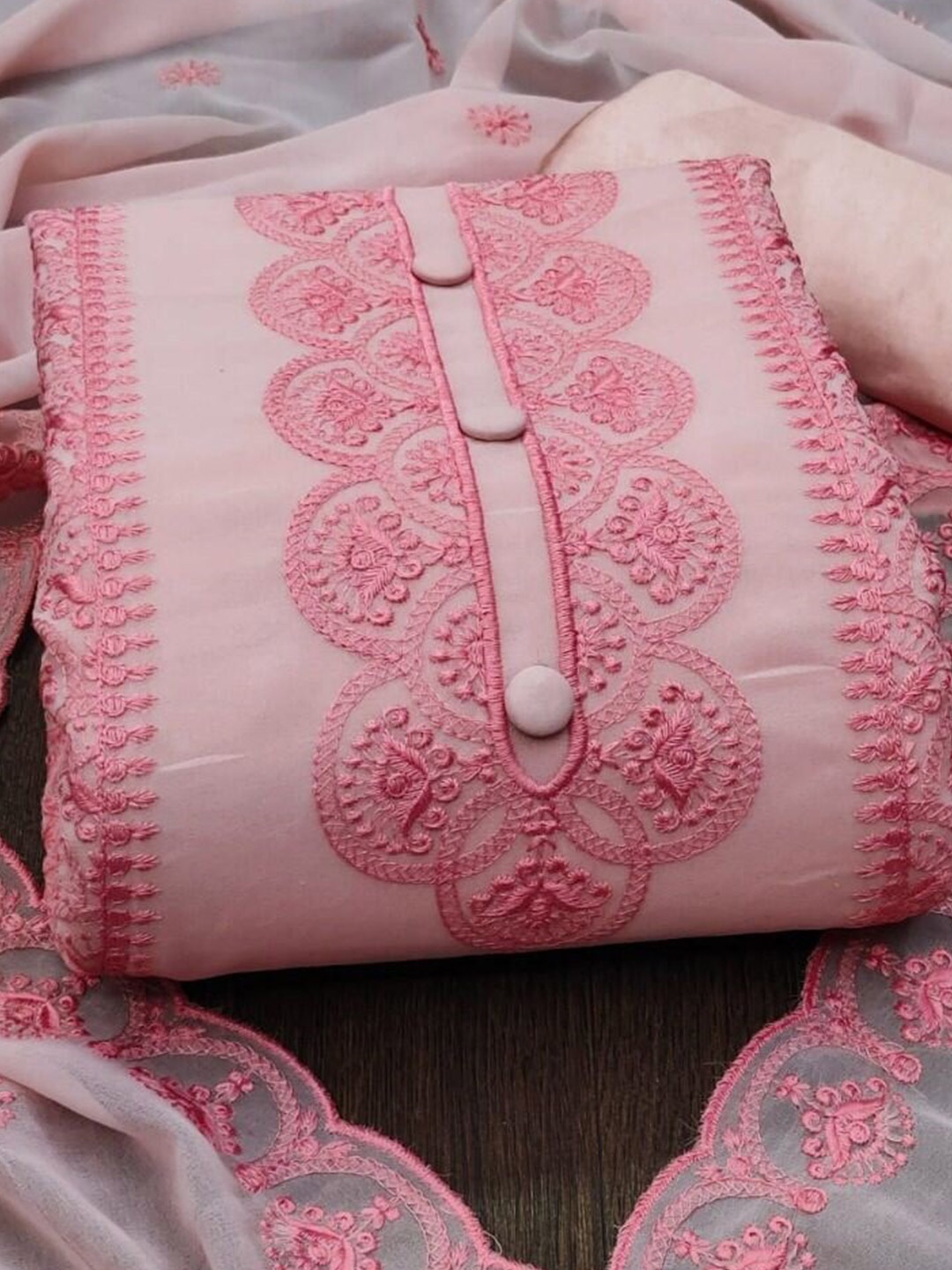 

ZEEPKART Floral Embroidered Unstitched Dress Material, Pink