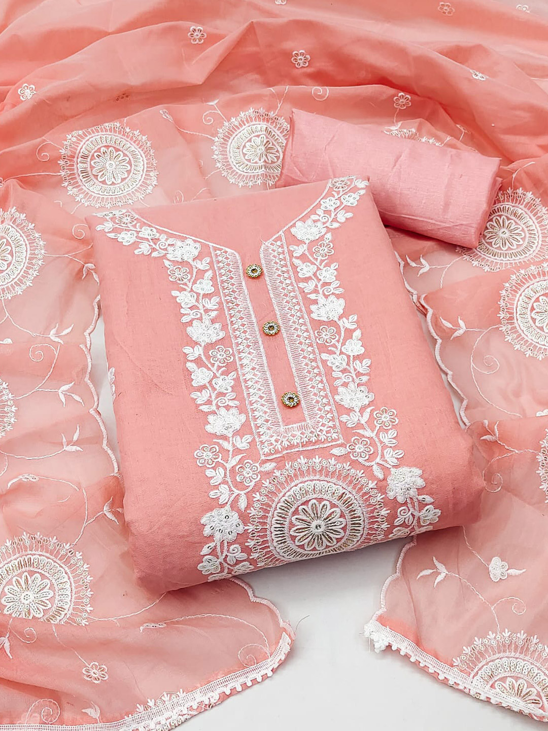 

ZEEPKART Floral Embroidered Unstitched Dress Material, Orange