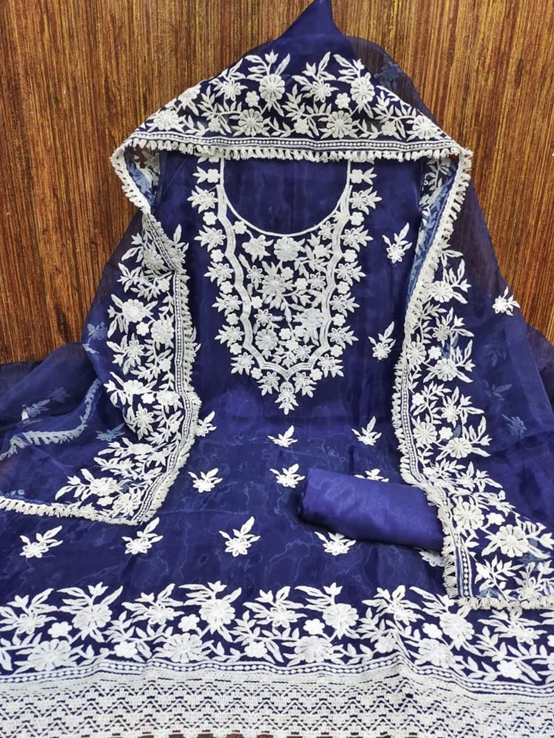 

ZEEPKART Floral Embroidered Organza Unstitched Dress Material, Blue