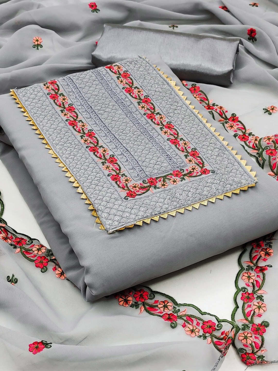 

ZEEPKART Floral Embroidered Unstitched Dress Material, Grey