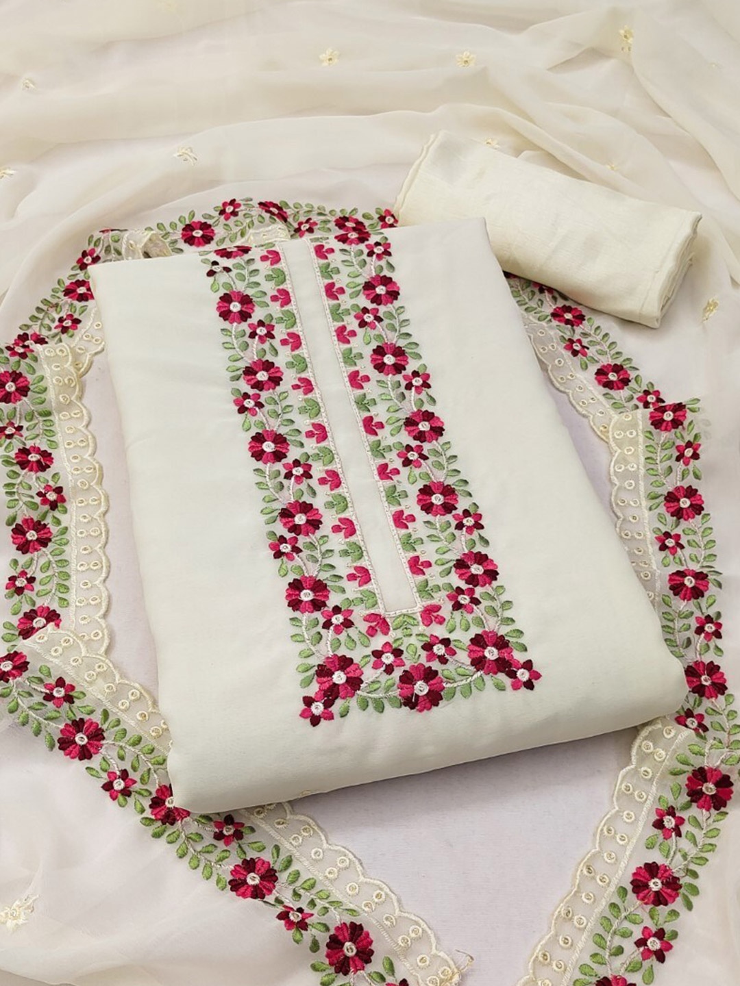 

ZEEPKART Floral Embroidered Unstitched Dress Material, White
