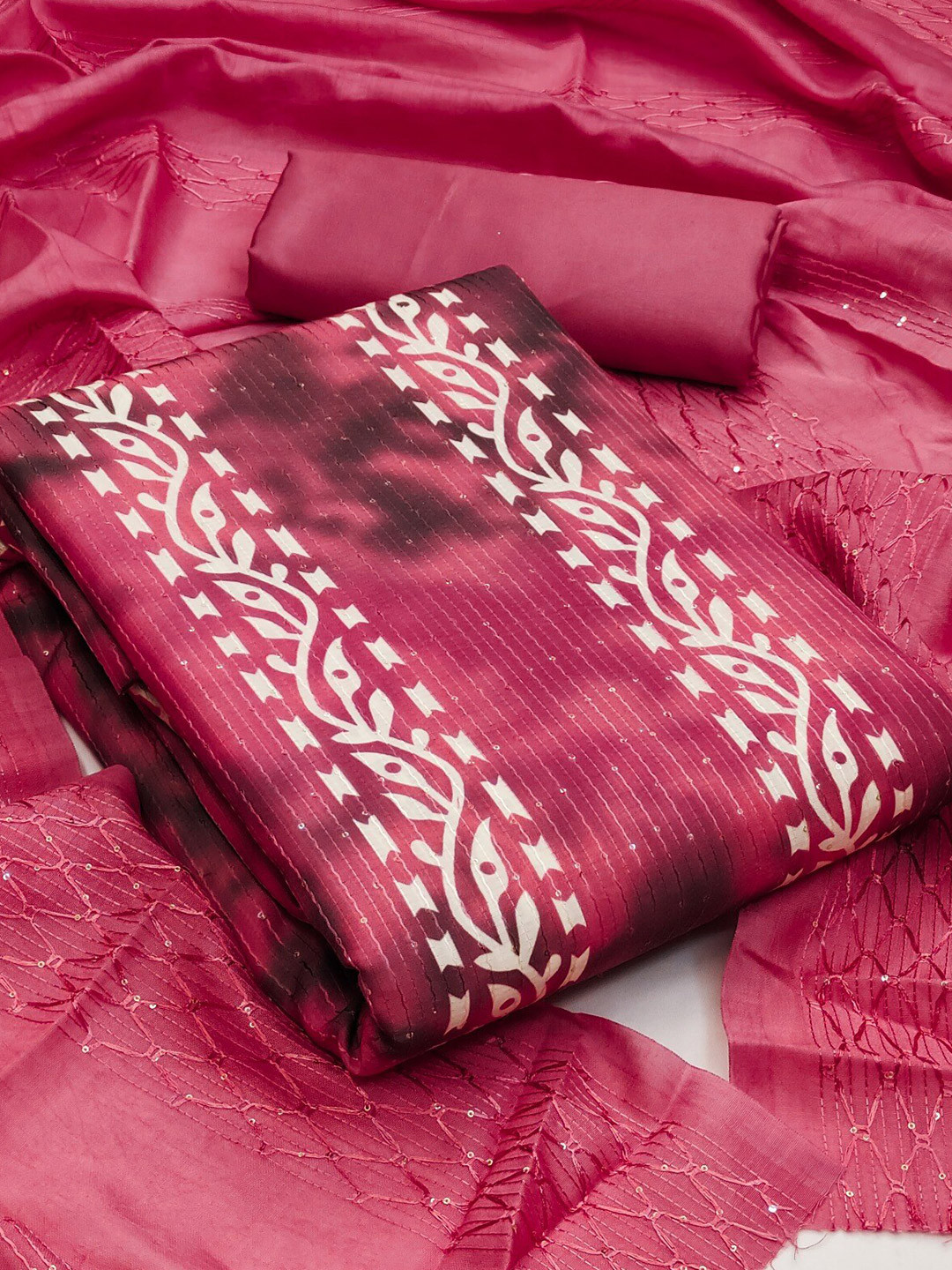 

ZEEPKART Striped Embroidered Unstitched Dress Material, Pink