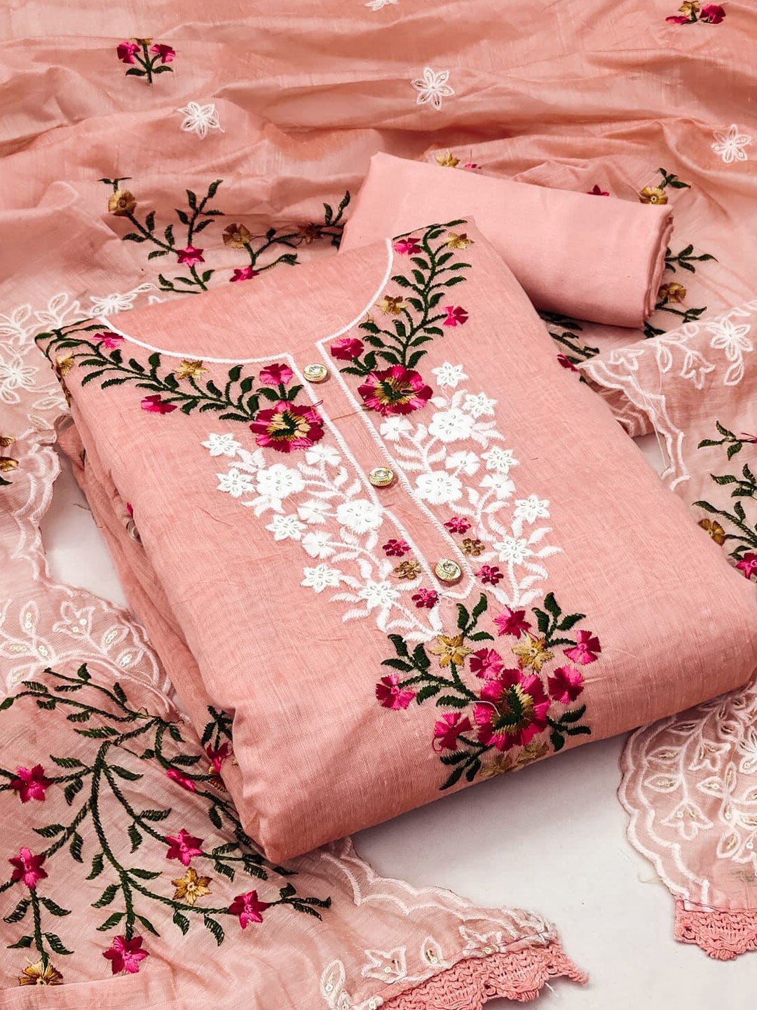 

ZEEPKART Floral Embroidered Unstitched Dress Material, Peach