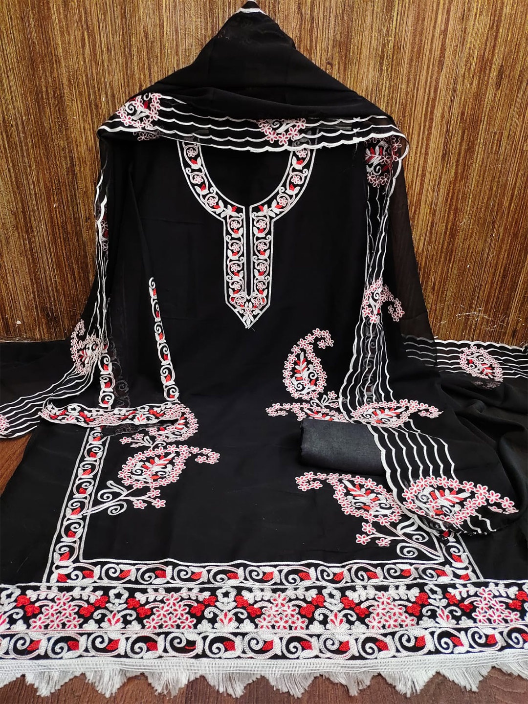 

ZEEPKART Paisley Embroidered Unstitched Dress Material, Black