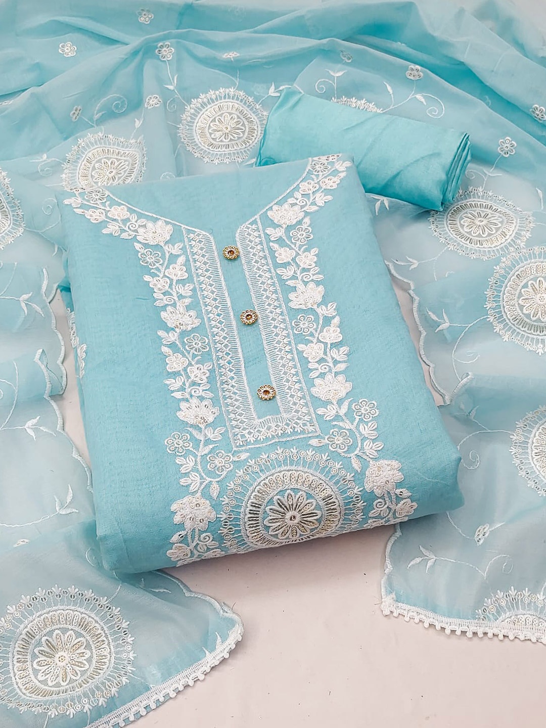 

ZEEPKART Floral Embroidered Unstitched Dress Material, Blue