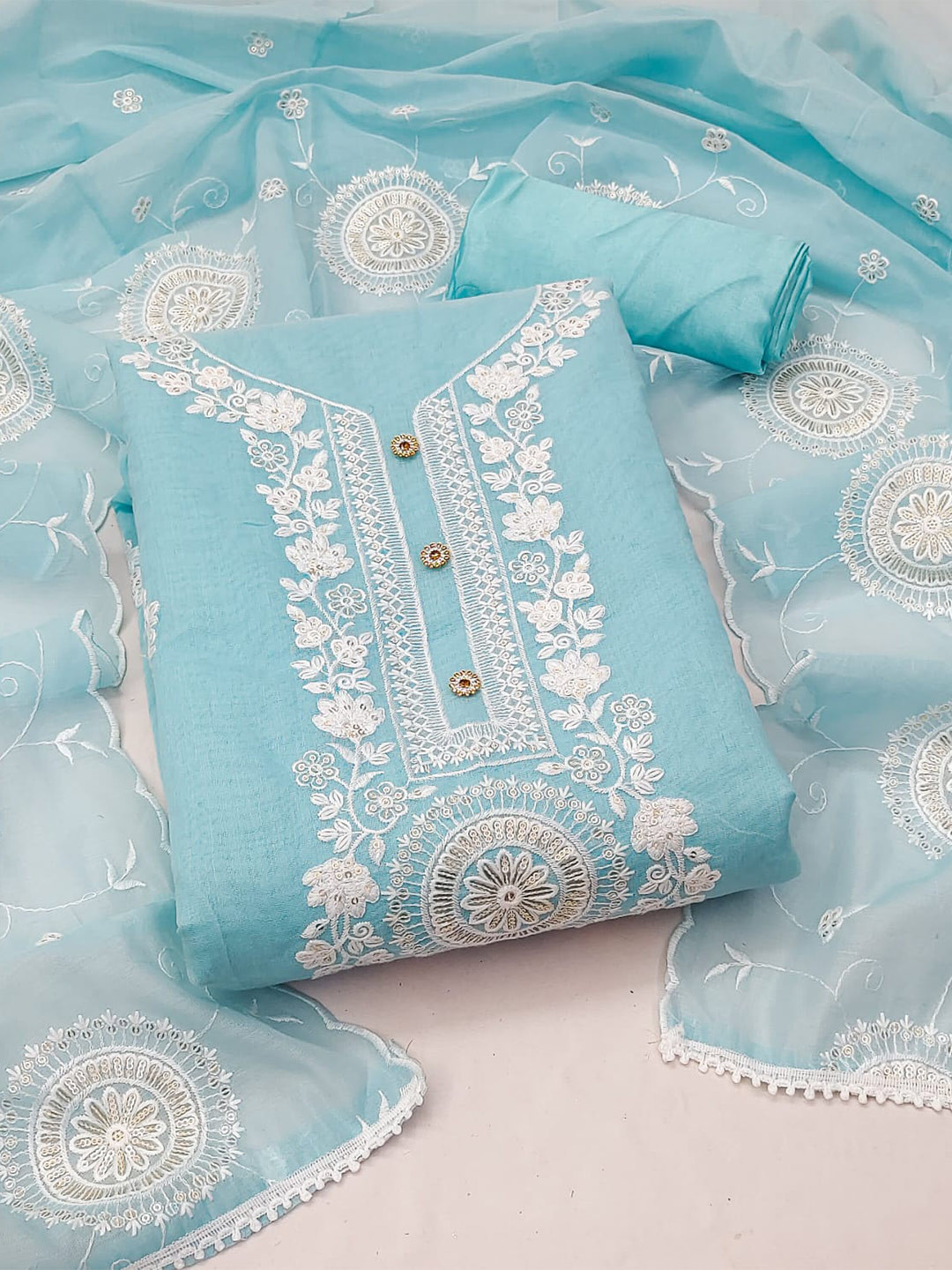 

ZEEPKART Floral Embroidered Organza Unstitched Dress Material, Blue