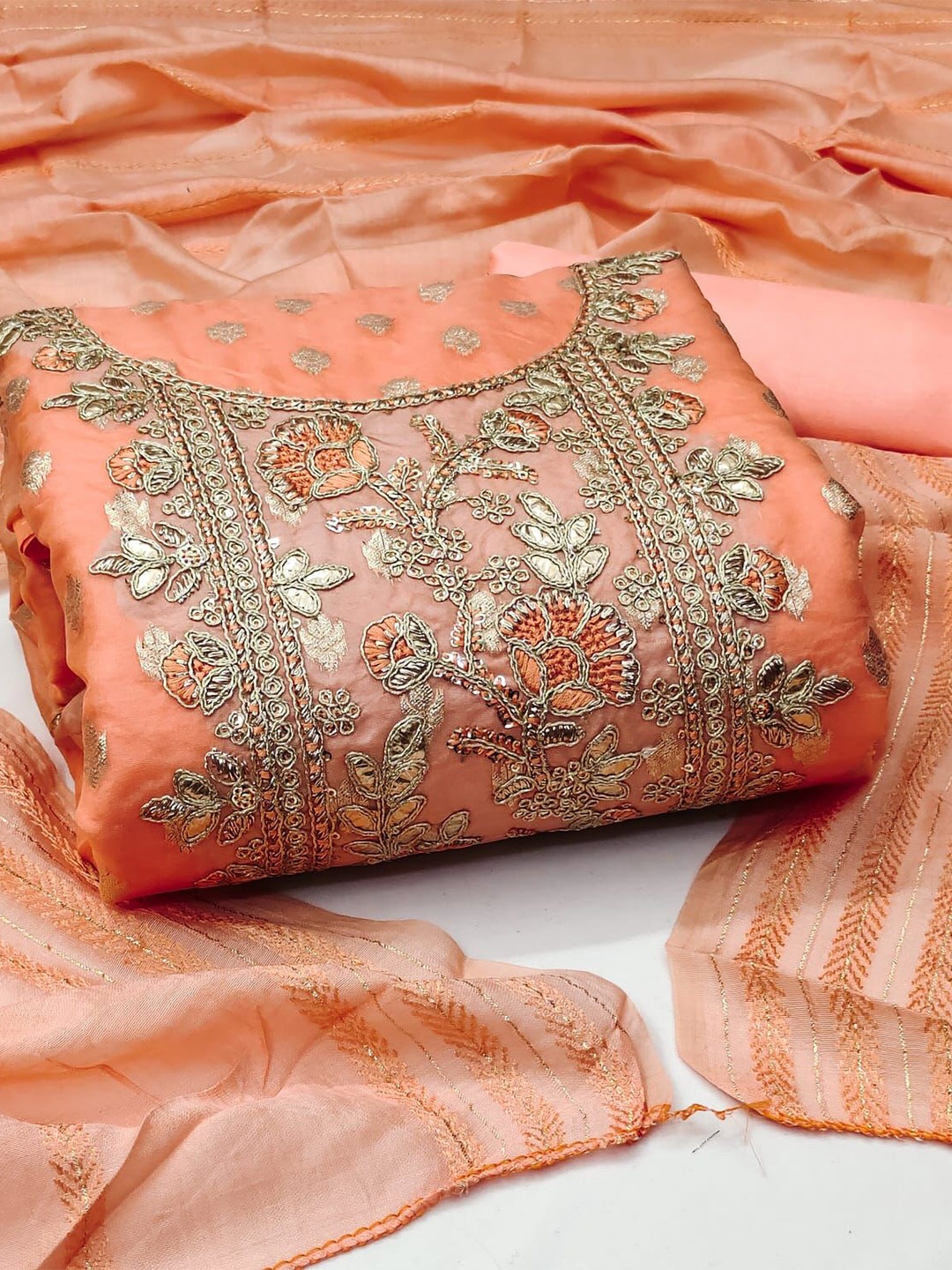 

ZEEPKART Ethnic Motifs Embroidered Unstitched Dress Material, Orange