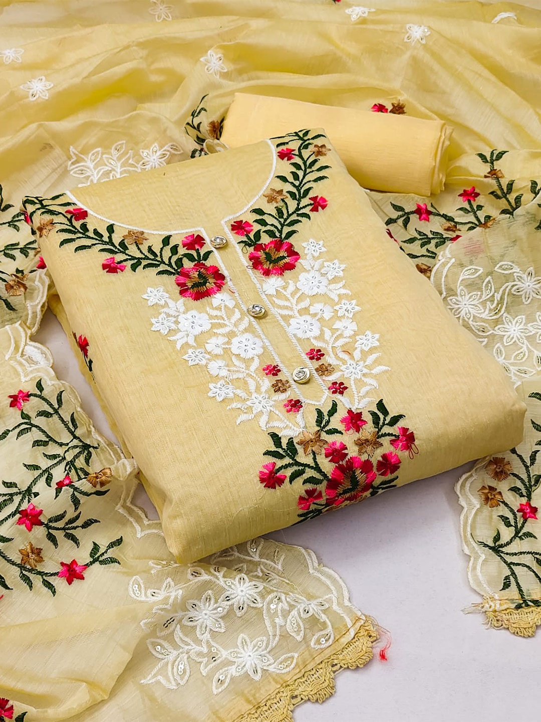 

ZEEPKART Floral Embroidered Unstitched Dress Material, Yellow